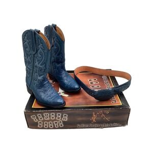 Yoncer Boots Blue  Leather Cowboy Boots Sz 23.5 and Matching Belt Set Women's 34